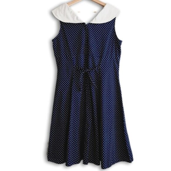 Navy Polka Dot Midi Dress with White Collar - Picture 9 of 16